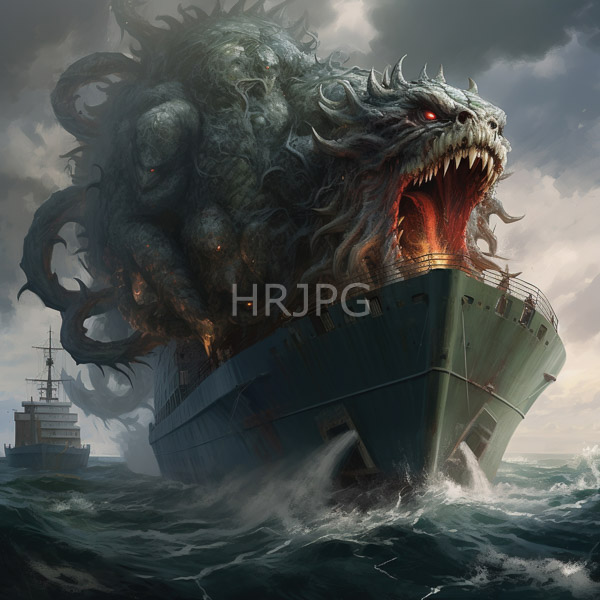 High Resolution: Enormous monstrous sea creature with sharp teeth and glowing red eyes emerging from behind a damaged ship in turbulent waters under stormy skies download. | HRJPG.com