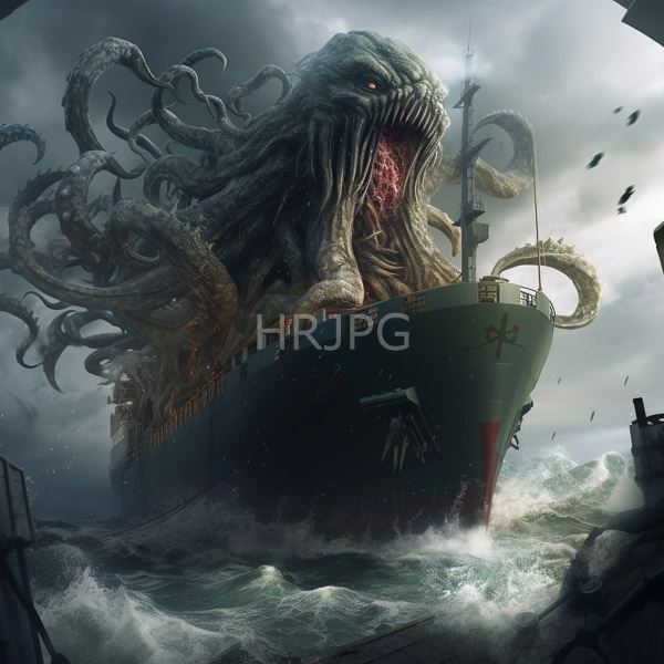 High Resolution: Enormous tentacled sea monster with glowing red eyes and sharp teeth emerging from turbulent waters onto a dark green ship marked X download. | HRJPG.com