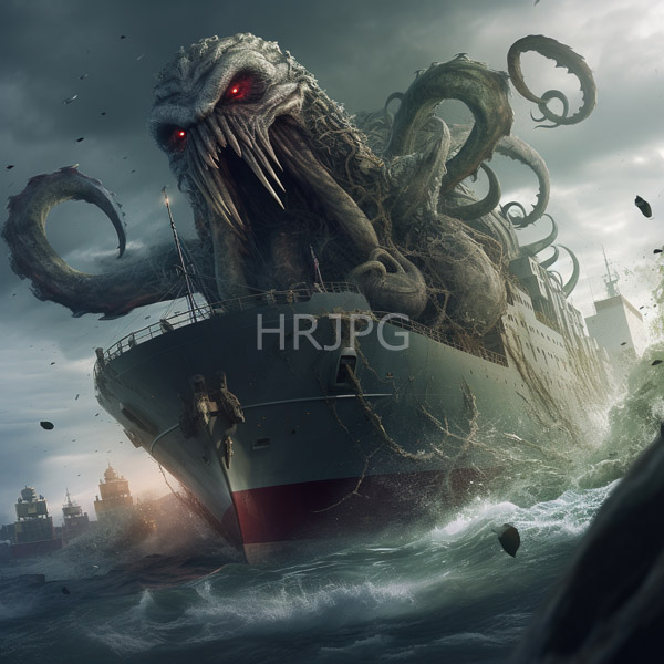 High Resolution: Enormous tentacled sea monster with glowing red eyes and sharp teeth emerging from turbulent waters to attack a large naval ship in stormy weather download. | HRJPG.com
