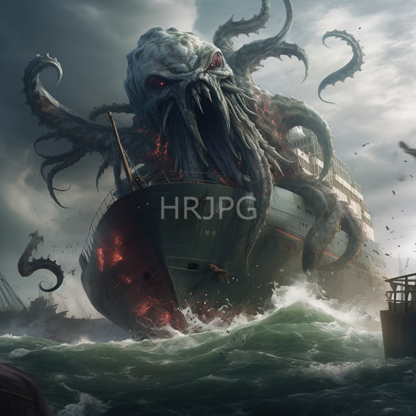 High Resolution: Enormous tentacled sea monster with glowing red eyes and decaying skin emerging from turbulent waters to attack a dark green cargo ship download. | HRJPG.com