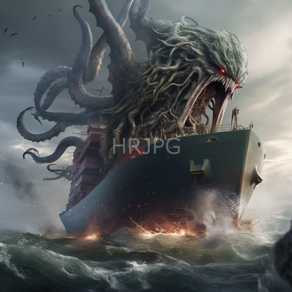High Resolution: Enormous menacing sea monster with green tentacles and glowing red eyes attached to a dark blue cargo ship in turbulent waters download. | HRJPG.com
