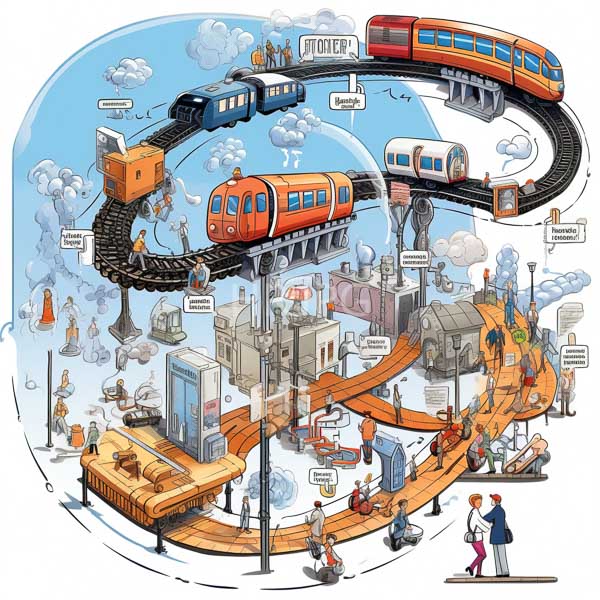 High Resolution: Intricate colorful illustration depicts multiple interconnected train tracks and stations amidst urban surroundings with whimsical smoke clouds from trains download. | HRJPG.com