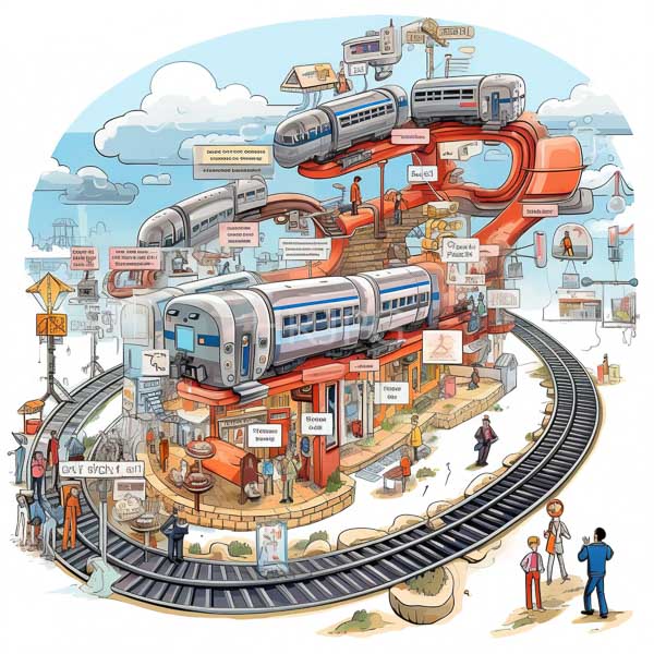 High Resolution: Intricate colorful illustration depicts a complex whimsical train station scene with multiple levels of tracks winding around two blue-and-white trains download. | HRJPG.com