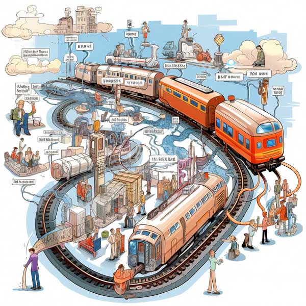 High Resolution: Intricate colorful illustration depicts various aspects of modern rail transport and urban life around train tracks with two orange trains labeled download. | HRJPG.com
