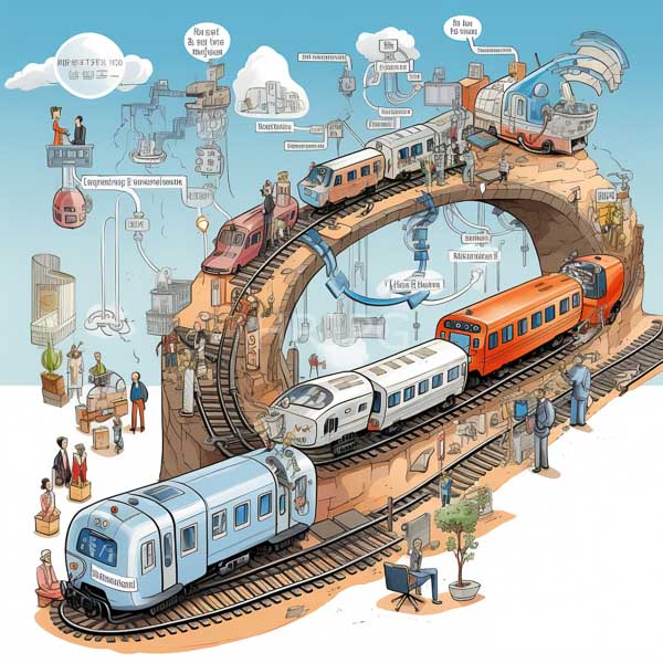 High Resolution: Intricate colorful illustration depicts various trains and transportation elements on elevated tracks against a blue sky background with multiple train cars download. | HRJPG.com