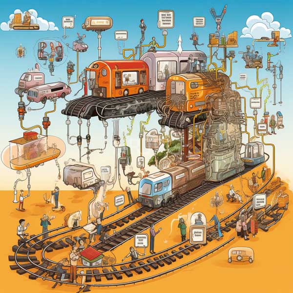 High Resolution: Intricate colorful illustration depicts various elements of transportation and infrastructure with elevated trains on black tracks surrounded by interconnected mechanical devices download. | HRJPG.com