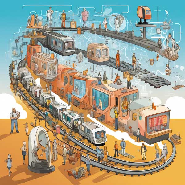 High Resolution: Intricate colorful illustration depicts a futuristic transportation hub with various trains and buses on elevated tracks against a blue sky with diverse people interacting download. | HRJPG.com