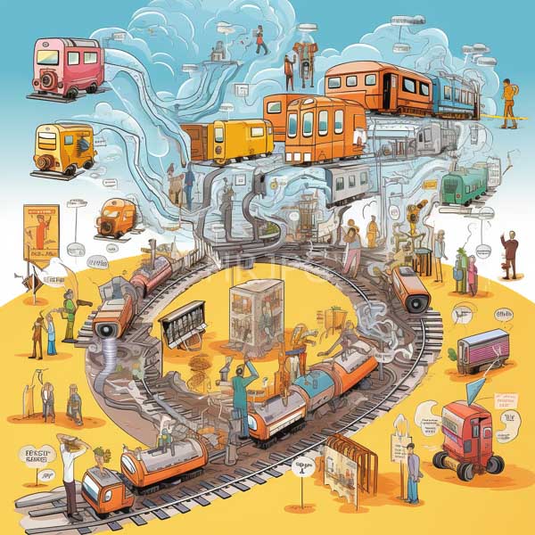 High Resolution: Intricate colorful illustration depicts various elements of public transportation and urban life in layers with winding train tracks and multiple colored trains download. | HRJPG.com