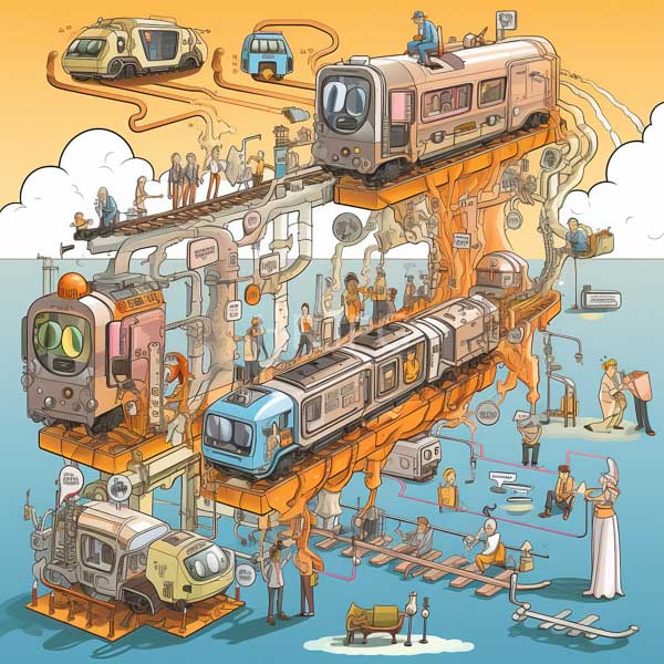 High Resolution: Intricate colorful illustration depicts a surreal cityscape with elevated train tracks and various vehicles suspended in mid-air against an ocean backdrop download. | HRJPG.com