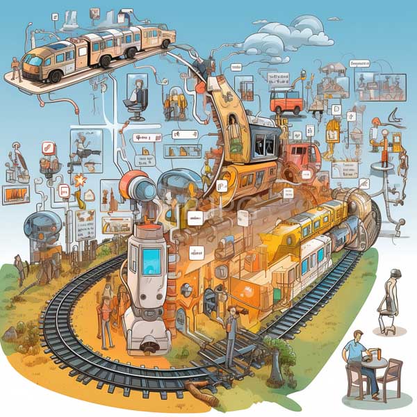 High Resolution: Intricate digitally-drawn illustration depicts various elements of modern technology and transportation with a winding railway track encircling mechanical structures download. | HRJPG.com