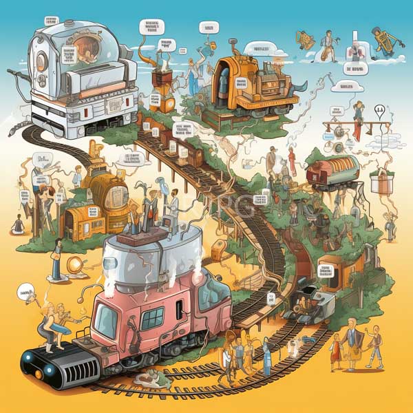 High Resolution: Intricate colorful illustration depicts various whimsical machines and characters on interconnected train tracks amidst lush greenery download. | HRJPG.com