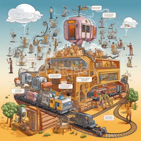 High Resolution: Intricate colorful illustration depicts a bustling train yard with various trains and people around a central multi-story yellow building with a futuristic tramcar floating above download. | HRJPG.com