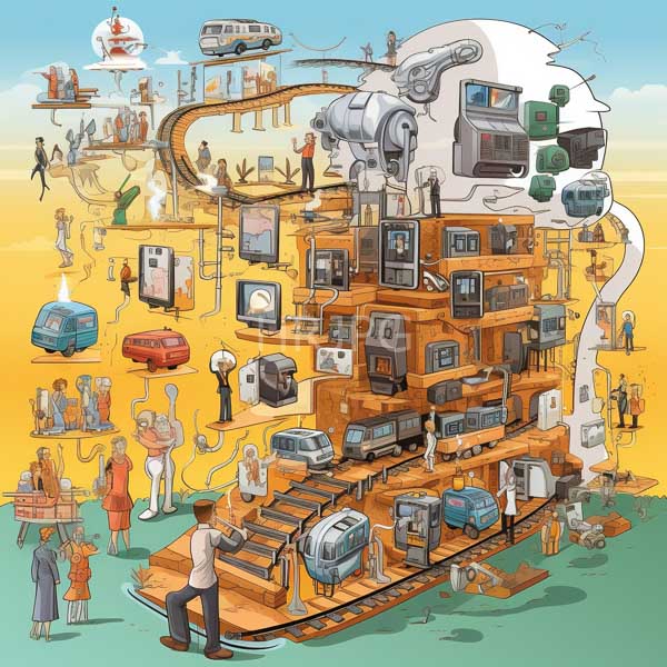 High Resolution: Intricate whimsical illustration depicts a towering structure made of stacked vintage electronics and appliances against a yellow desert-like background download. | HRJPG.com