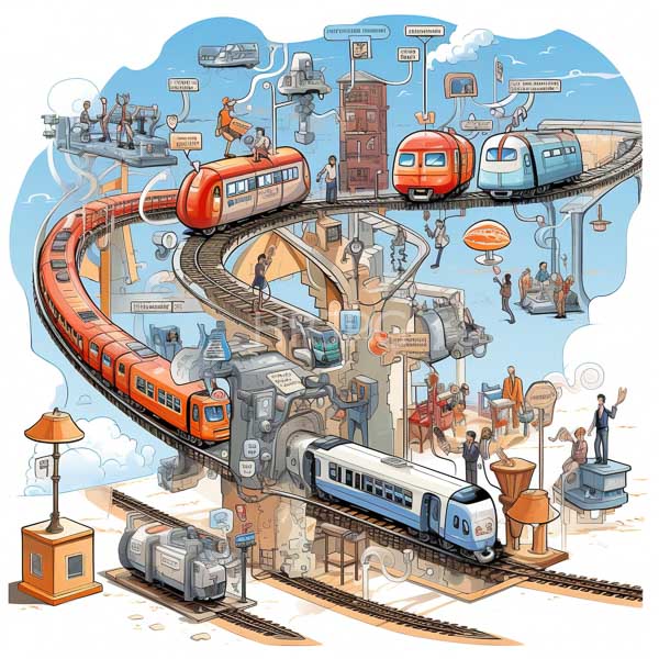 High Resolution: Intricate colorful illustration depicts a bustling futuristic train network with multiple trains on elevated tracks weaving through complex infrastructure download. | HRJPG.com