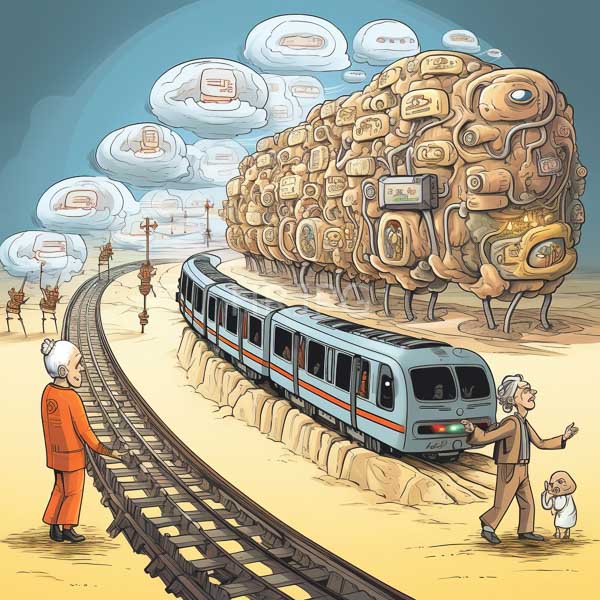 High Resolution: Cartoon drawing depicts an elderly woman and man in orange jumpsuits on train tracks leading to futuristic mechanical giant robots with a small child beside them download. | HRJPG.com