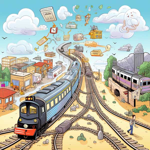 High Resolution: Vibrant cartoon illustration depicts an overhead view of bustling train tracks with two trains surrounded by colorful buildings and floating clouds download. | HRJPG.com