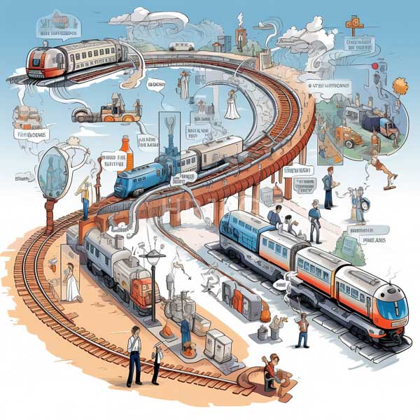 High Resolution: Intricate colorful illustration depicts various aspects of modern rail transport and infrastructure with multiple curving train tracks and people boarding or performing maintenance download. | HRJPG.com