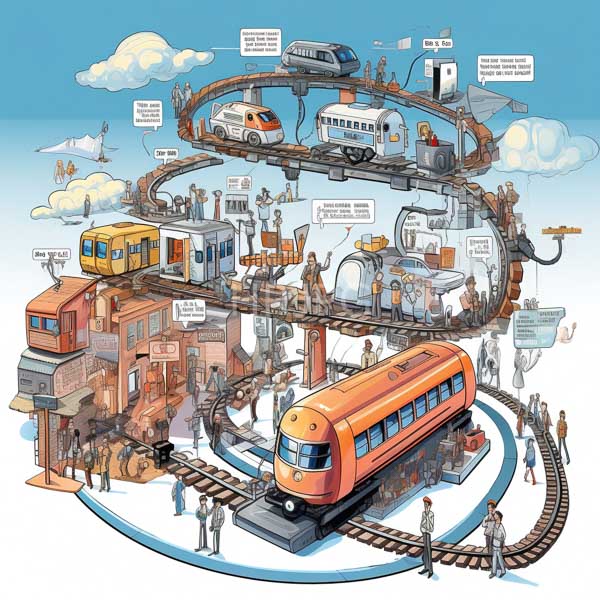 High Resolution: Intricate colorful illustration depicts various transportation modes in complex interlocking loops including trains buses cars and airplanes within a circular frame download. | HRJPG.com