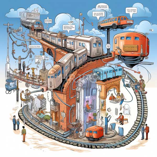 High Resolution: Intricate colorful illustration depicts a bustling train station with multiple trains and vehicles on curved tracks against a blue sky with detailed passengers boarding download. | HRJPG.com