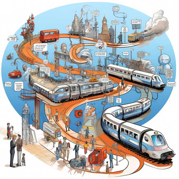 High Resolution: Intricate colorful illustration depicts various elements of modern transportation within one circular frame against a blue background with white text bubbles download. | HRJPG.com