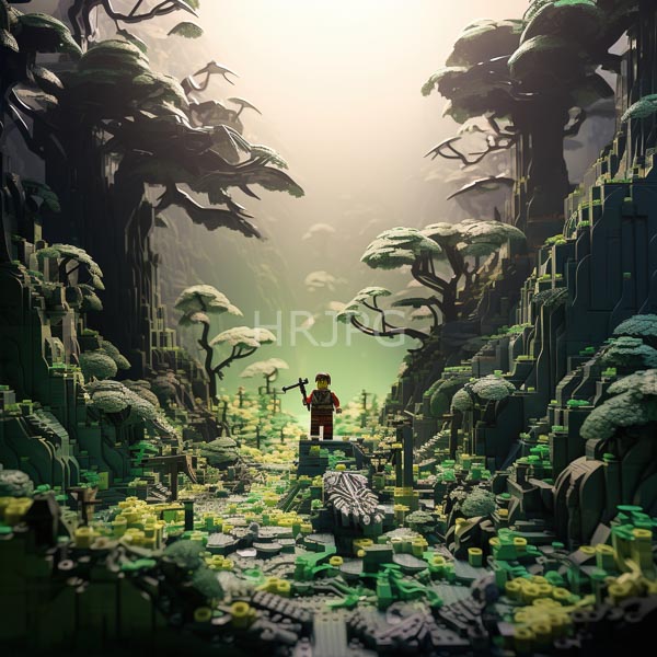 High Resolution: Intricate LEGO diorama depicts a mystical forest with towering twisted trees and lush greenery and a small figure holding a staff-like object download. | HRJPG.com