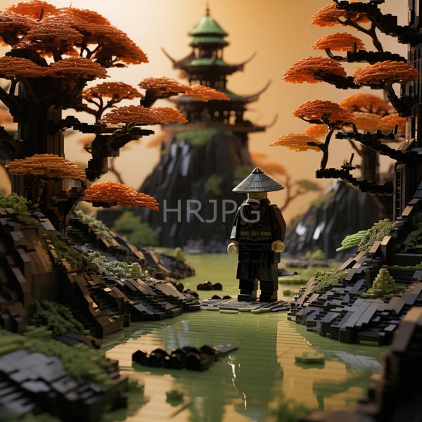 High Resolution: Intricate LEGO diorama features Asian-inspired architecture with orange-leaved trees and rocky cliffs surrounding green waterways leading to distant pagodas download. | HRJPG.com