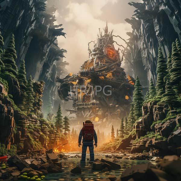 High Resolution: Fantasy artwork depicts an adventurer with a red backpack standing in a rocky stream facing a towering mechanical structure amidst a misty forest canyon download. | HRJPG.com