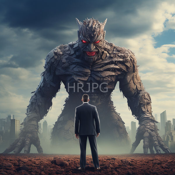 High Resolution: Imposing muscular monster with jagged gray skin and glowing red eyes stands in front of a small man in a dark blue suit on rocky terrain download. | HRJPG.com