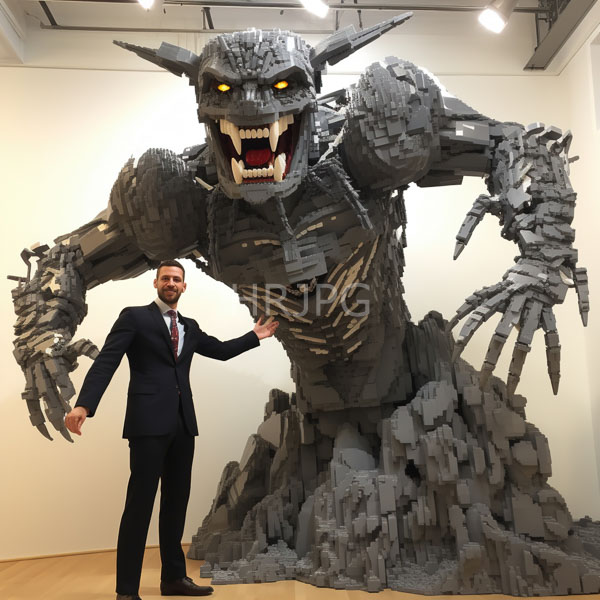 High Resolution: Bearded man in a black suit stands beside a massive gray LEGO monster sculpture resembling Godzilla with sharp teeth and glowing yellow eyes download. | HRJPG.com