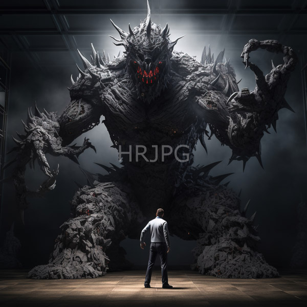 High Resolution: Imposing dark-skinned monster with jagged spikes and glowing red eyes stands in a dim industrial room with massive claws looming over a small human download. | HRJPG.com