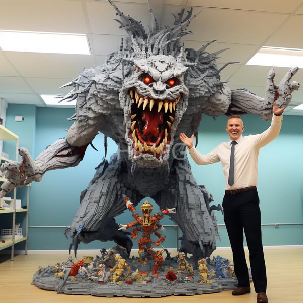 High Resolution: Smiling man in a white shirt and black tie stands beside a large detailed gray monster sculpture with sharp teeth and red eyes glowing above miniature figures download. | HRJPG.com