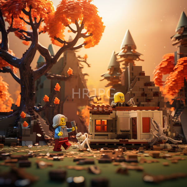 High Resolution: Intricate LEGO diorama features two minifigures in autumn-themed terrain with orange-leaved trees and rocky mountains at sunset download. | HRJPG.com