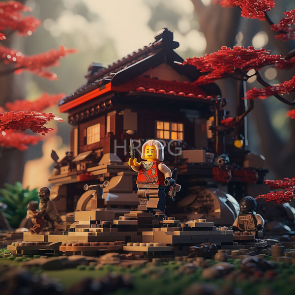 High Resolution: Intricate LEGO diorama features three minifigures in front of a traditional Japanese-style wooden house surrounded by vibrant autumn-red trees download. | HRJPG.com