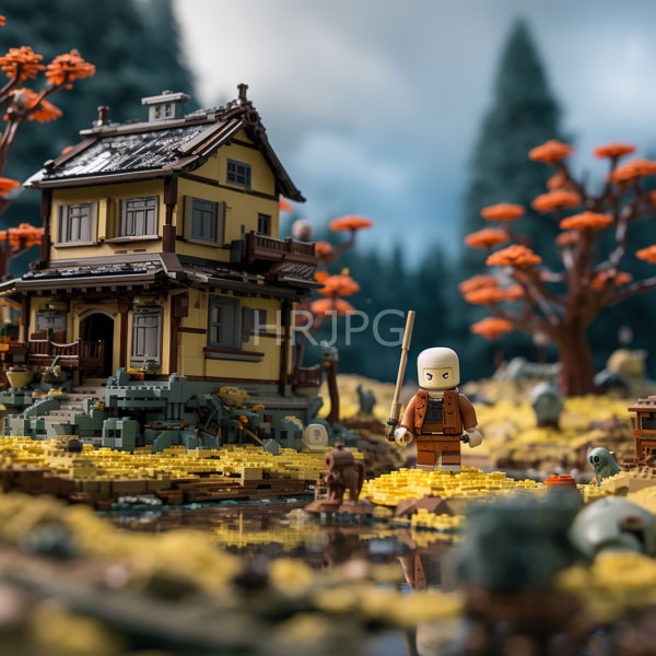 High Resolution: Intricate LEGO diorama features autumnal scenery with orange and red foliage a small brown cottage and a white-haired minifigure holding a staff download. | HRJPG.com