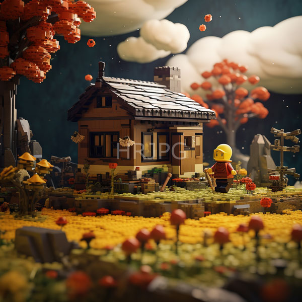 High Resolution: Intricate LEGO diorama features autumnal scenery with orange and red foliage a small brown cottage and a yellow-haired minifigure standing near flowers download. | HRJPG.com