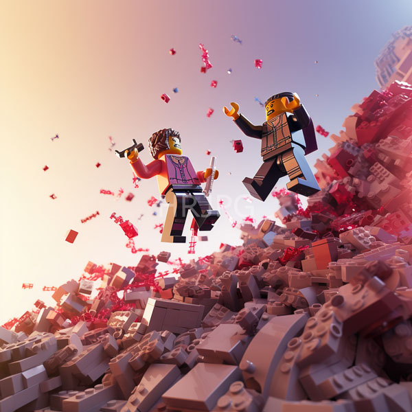 High Resolution: Two LEGO minifigures one in a purple jacket and one in a plaid shirt jumping while holding bricks amidst scattered red-and-gray brick rubble download. | HRJPG.com