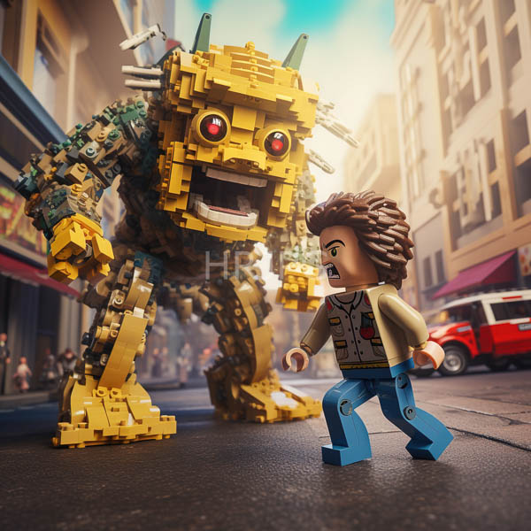 High Resolution: LEGO characters in an urban street scene a yellow monstrous robot with green spikes and red eyes looms over a frightened brown-haired minifigure download. | HRJPG.com