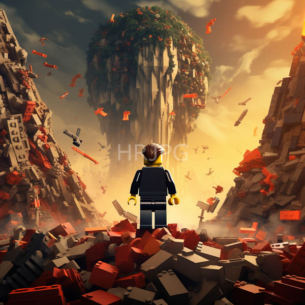 High Resolution: LEGO minifigure with brown hair stands in a rubble-filled landscape a towering cliff covered by greenery and red bricks looms ahead under a dramatic sunset download. | HRJPG.com