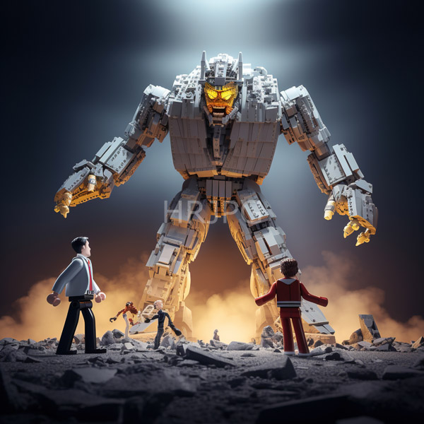 High Resolution: Three LEGO minifigures facing an enormous white-bricked robot with glowing yellow eyes and claws in mid-attack on rocky terrain download. | HRJPG.com