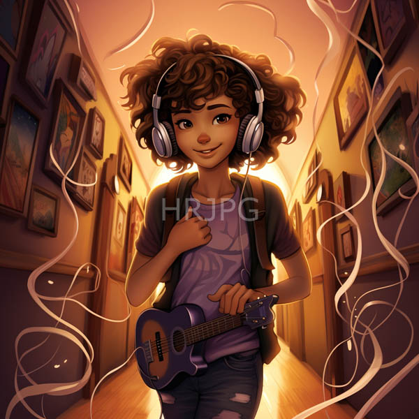 High Resolution: African-American girl with curly brown hair wears headphones and holds a small guitar clutching it to her chest in a warmly lit hallway download. | HRJPG.com