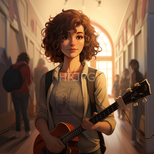 High Resolution: Attractive young woman with curly brown hair holds and plays an acoustic guitar in a sunlit hallway with blurred people walking away from a window download. | HRJPG.com