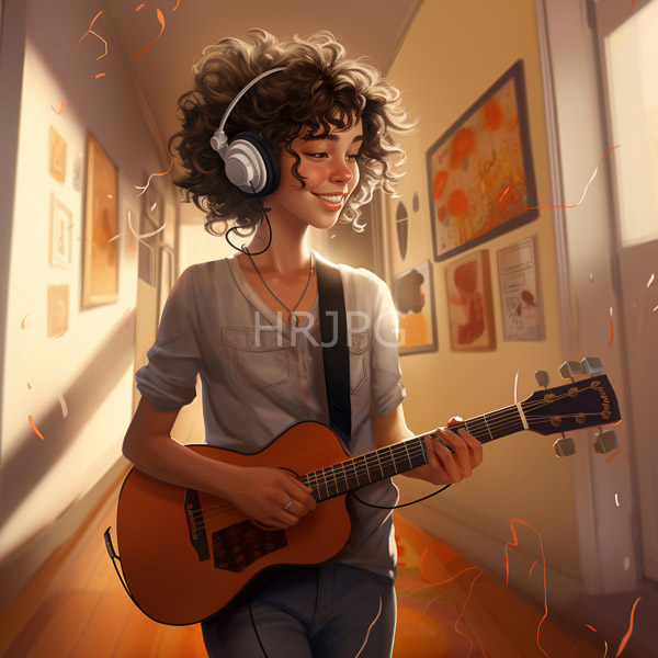 High Resolution: African-American woman with curly brown hair plays an acoustic guitar while listening to music through large silver headphones in a sunlit hallway download. | HRJPG.com