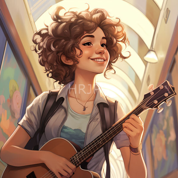 High Resolution: Adorable curly-haired young woman with light brown skin and freckles plays an acoustic guitar in a sunlit hallway adorned with colorful paintings download. | HRJPG.com