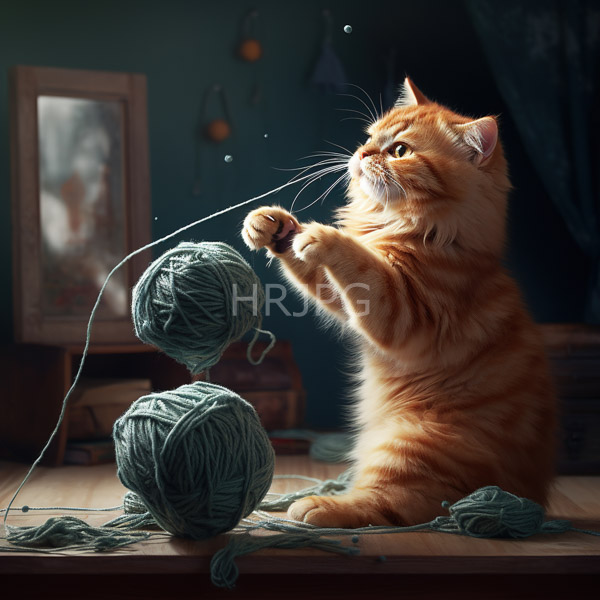 High Resolution: Photorealistic orange tabby kitten with fluffy fur sitting on a wooden table plays with green yarn balls against a blurred dark teal wall download. | HRJPG.com
