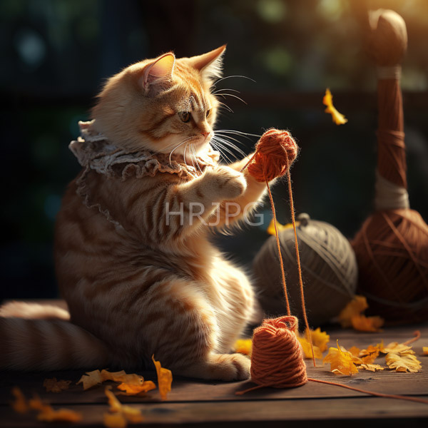 High Resolution: Photorealistic orange tabby kitten with a white ruff sits on a wooden floor playing with a red yarn ball surrounded by yellow leaves download. | HRJPG.com