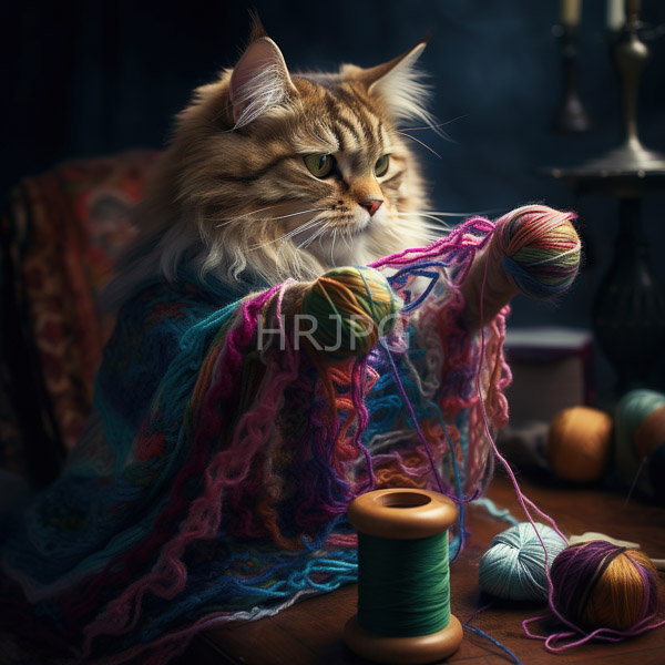 High Resolution: Elegant long-haired tabby cat with green eyes sits on a wooden table covered in colorful yarns draped partially over vibrant floral fabric download. | HRJPG.com