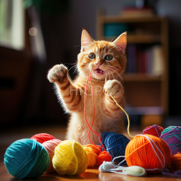 High Resolution: Adorable orange tabby kitten with green eyes stands on a wooden table covered in colorful yarn balls playfully holding a red string with its paw download. | HRJPG.com