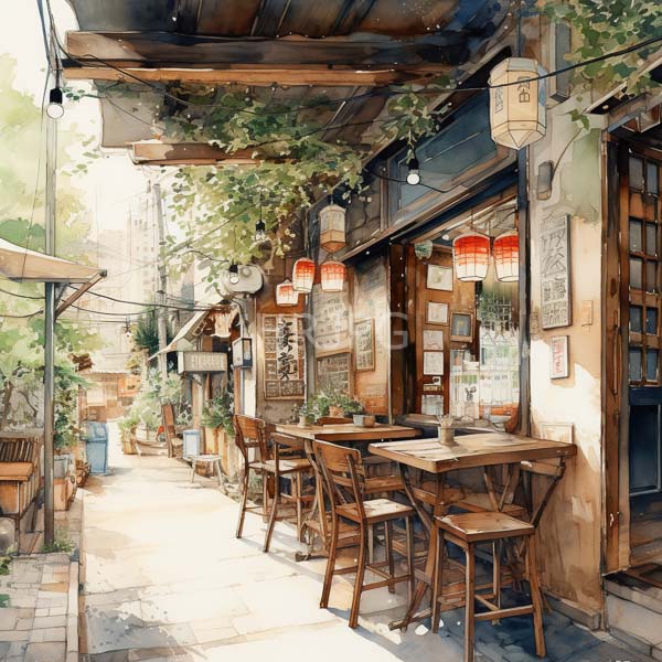 High Resolution: Watercolor-style painting of an outdoor cafe on a narrow cobblestone street in daylight with wooden tables chairs and red lanterns hanging overhead download. | HRJPG.com