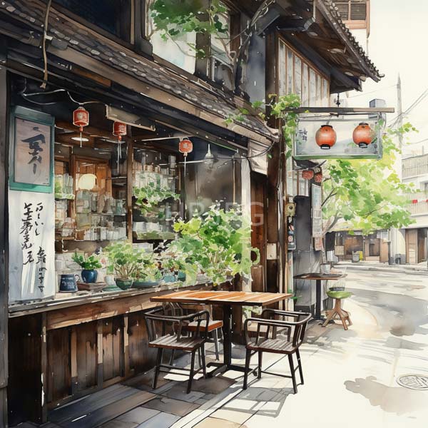 High Resolution: Watercolor painting of an old Japanese street cafe with a wooden exterior hanging lanterns and potted plants on display shelves download. | HRJPG.com