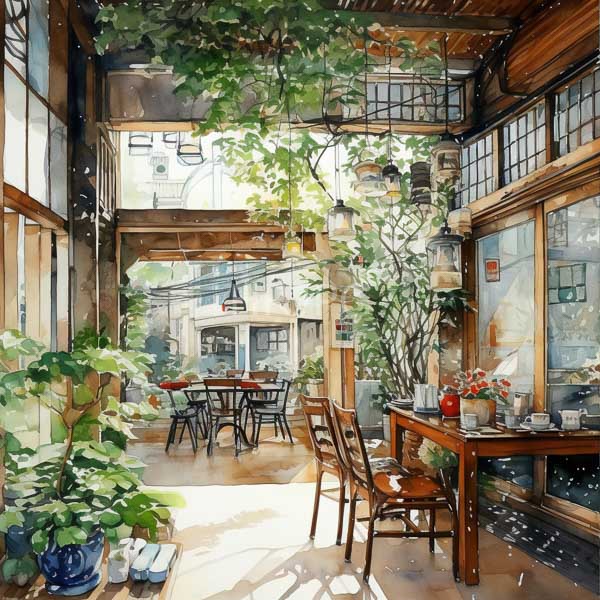High Resolution: Watercolor painting of an airy sunlit cafe with lush green plants hanging from wooden beams and sunlight streaming through large windows download. | HRJPG.com